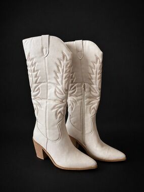 Beige faux leather cowgirl Western Knee-High Boots